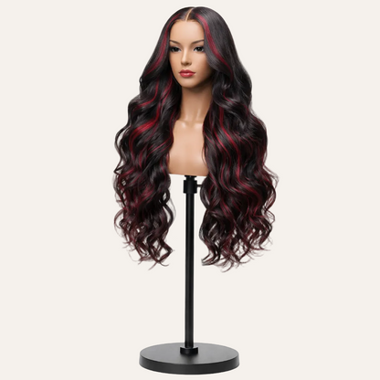HairMakiti-PerruqueSansColleNoirEtRougeBordeauxBresilienneLaceFront13x6OnduleeSouple_RemyHair