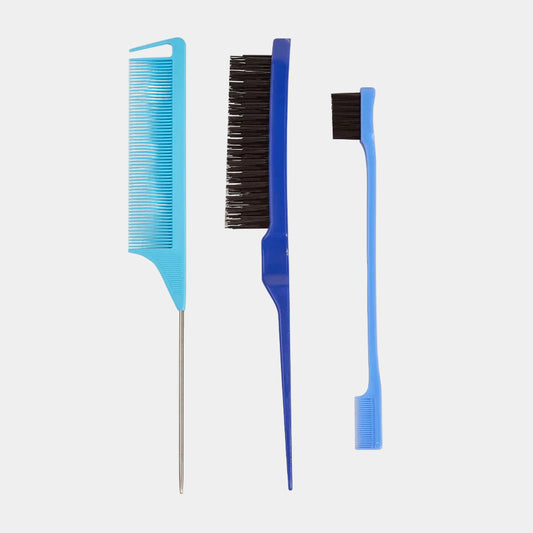 Lot de 3 accessoires coiffure antistatiques – Peigne à queue pointue, brosse et aiguille acier en bleu