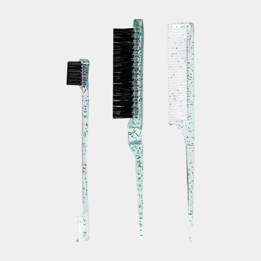 Lot de 3 accessoires coiffure antistatiques – Peigne à queue pointue, brosse et aiguille acier en transparent